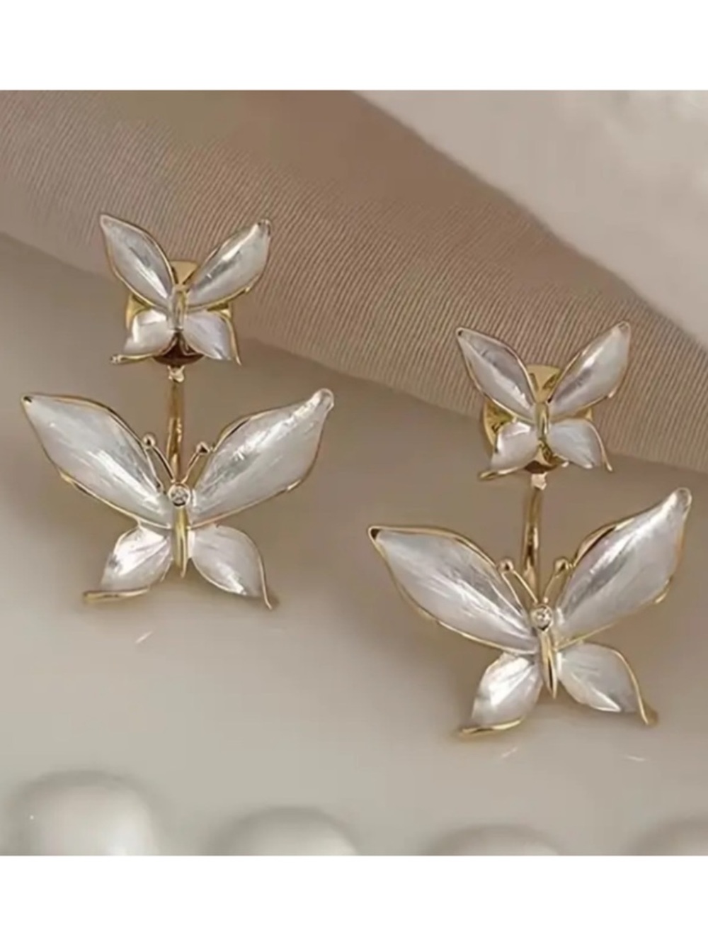 Gold and White Butterfly Drop Earrings